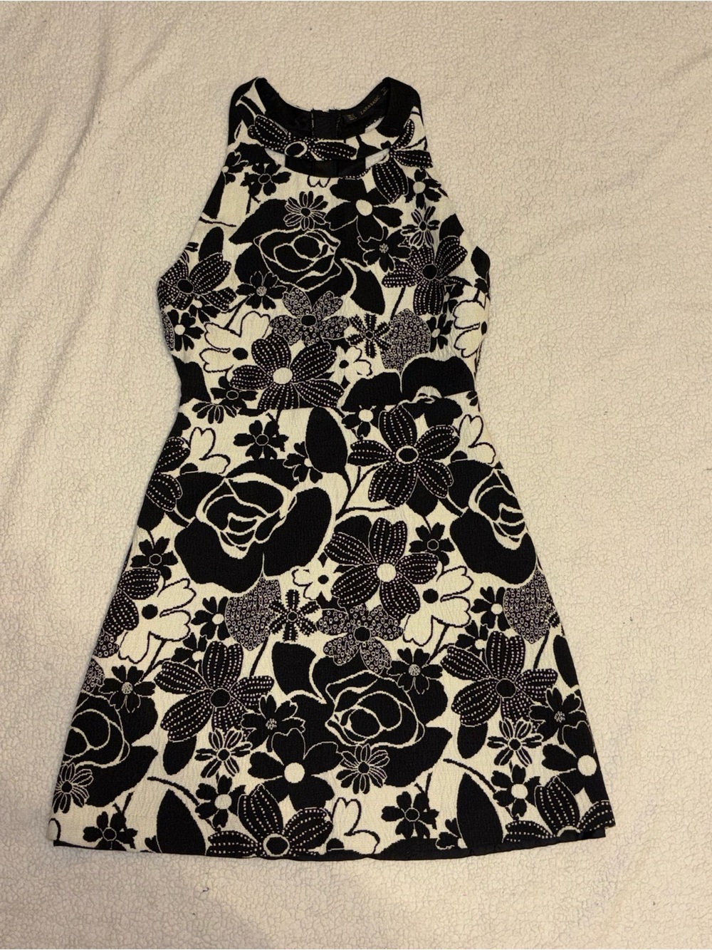 Black & White Floral Halter Dress - Women's Sleeveless A-Line